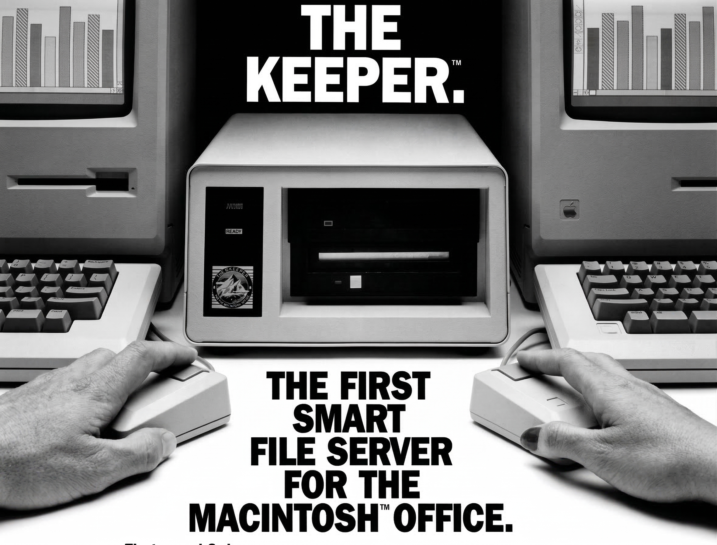 The Keeper — Macintosh dosya sunucusu reklam görseli, 1985